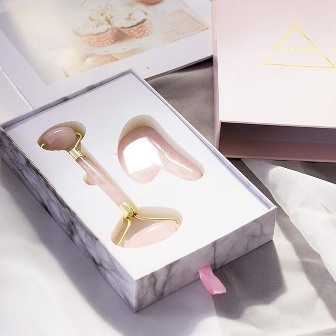 Rose Quartz Face Roller and Gua Sha Set - Face Roller Skin Care - Jade Roller and Gua Sha and Jade Roller for Face Rollers for Women Gifts - Rose Quartz Roller for Face Massage Roller DiviniTi-VivaGrace Women