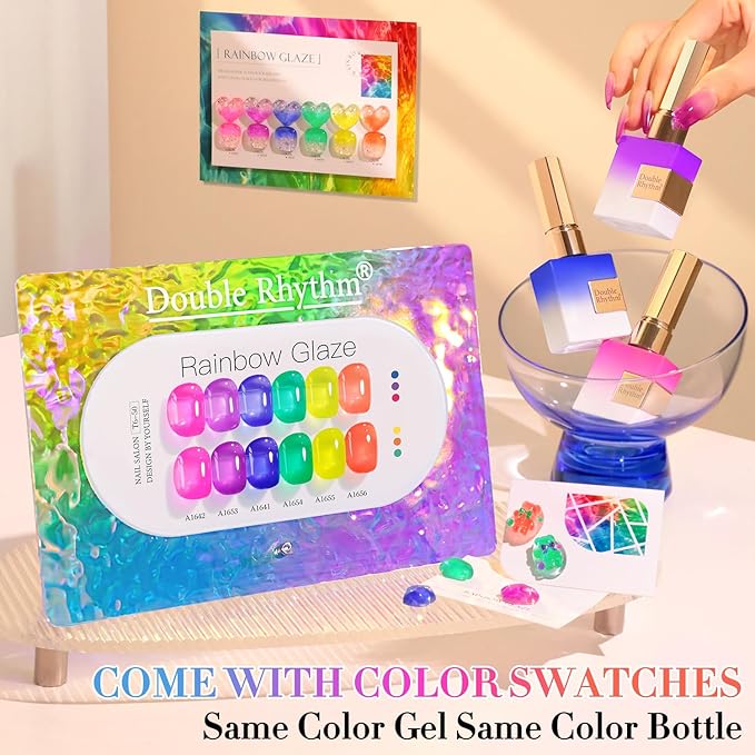 Double Rhythm 6 Pcs 15 ML Gel Polish Set Same Color Same Bottle Soak Off Jelly Neon Gel Polish Kit Nail Art Manicure Salon DIY at Home (Pink Purple Blue Green Yellow Green-T6-50)-VivaGrace Women