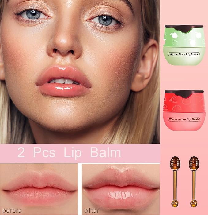 2 PCS Bee Lip Balm Honey Pot, Watermelon Apple Bee Lip Balm Sleeping Lip Mask Overnight with Sticks, Honey Pot Lip Balm Hydrating Exfoliating Prevention Dry and Crack Lip Scrubs-VivaGrace Women