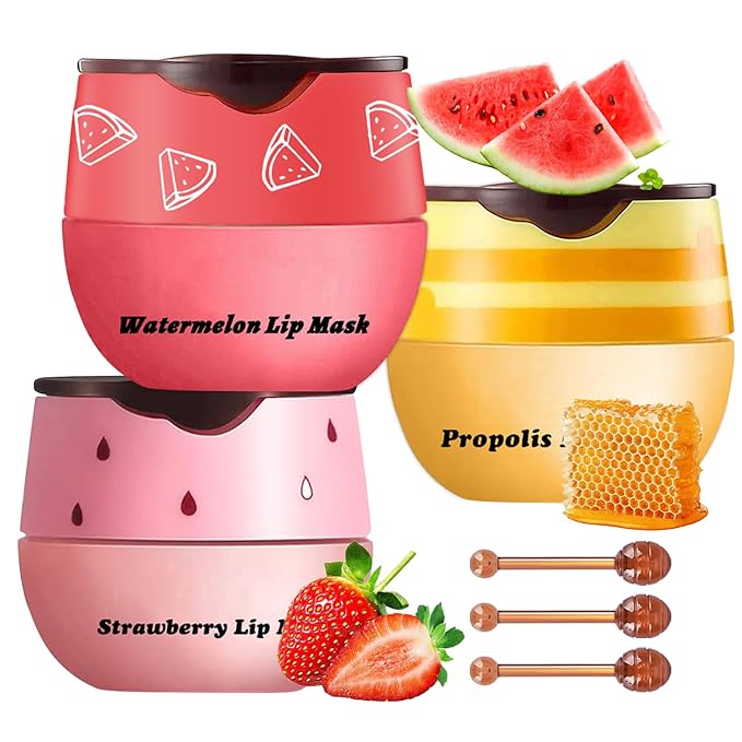 3 Pcs Honey Lip Balm, Bee Lip Balm Honey Pot,Moisturizing Lip Mask Overnight,Hydrate Repair Prevent Dry Cracked Lip Care (Honey+Strawberry+Watermelon)-VivaGrace Women