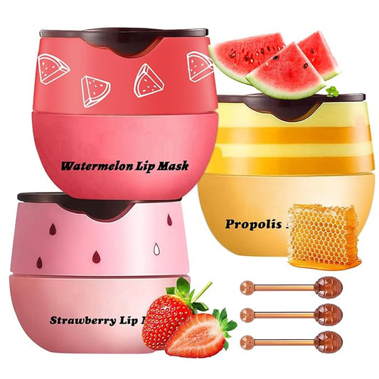 3 Pcs Honey Lip Balm, Bee Lip Balm Honey Pot,Moisturizing Lip Mask Overnight,Hydrate Repair Prevent Dry Cracked Lip Care (Honey+Strawberry+Watermelon)-VivaGrace Women