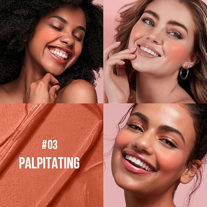 Multi-Use Makeup Cream Blush Stick, Unidollss 3-in-1 Buildable Blush Stick for Cheeks, Eyes, and Lips, Hydrating formula, All day wear, Easy Application with Thumb Puff Included (03 PALPITATING)-VivaGrace Women