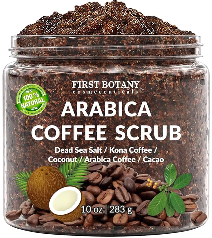 First Botany Cosmeceuticals, 100% Natural Arabica Coffee Scrub with Organic Coffee Coconut & Shea Butter Acne Anti Cellulite & Stretch Mark treatment Spider Vein Therapy, Varicose Veins Eczema, 10 oz-VivaGrace Women