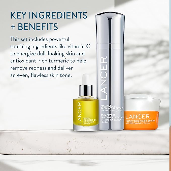 Lancer Skincare Bright & Radiant 3-Piece Set with Instant Brightening Booster, Omega Hydrating Oil, and Advanced C Radiance Treatment for Glowing Skin-VivaGrace Women
