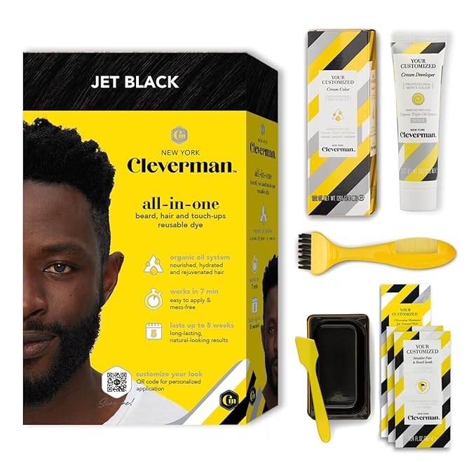 Cleverman Hair & Beard Dye Kit for Men, All-in-One Reusable Mens Hair Color, Natural Gray Coverage, Ammonia-Free Beard Mustache Dye (Jet Black for Black Men)-VivaGrace Women