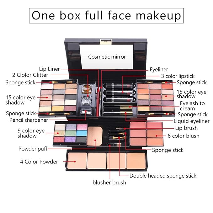 54 Colors All in one Makeup Gift Set Holiday Birthday Beauty Cosmetic Essential Starter Bundle Include 39 Eyeshadow Palette, 6 Blush, 6 Sponge Stick, 4 Compact Powder, 3 Lipstick, Eyeliner-VivaGrace Women