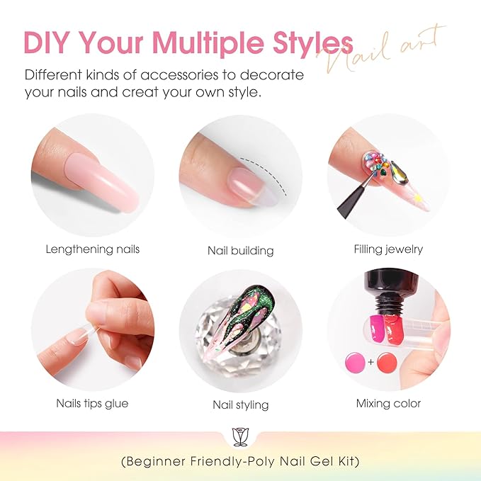 ROSALIND Poly Nail Gel Kit -14 Colors Nail Art Accessories kit Clear Nude Nail Extension Gel Starter with Slip Solution White Nude Pink Nail Extensions Gels Set with Mini UV Lamp-VivaGrace Women