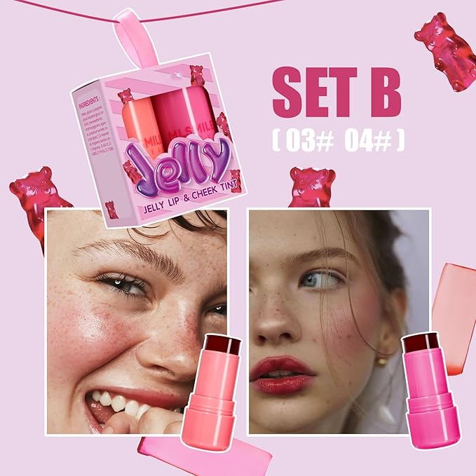 2 Pcs Milk Jelly Blush, Milk Cooling Water Jelly Tint, Vivid Color Water Jelly Tint Milk Blush, Sheer Eye Lip & Cheek Stick Stain, Long Wearing, Watercolor Finish Lip Gloss for Women, 03&04-VivaGrace Women