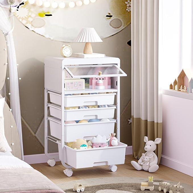 Utility-Rolling-Storage-Drawer-Craft-Cart-Organizers with 4 Drawers & Dust-proof Door for Kid Craft Art Room,Bedroom,Home Office, Craft Drawer cart, Classic White-VivaGrace Women