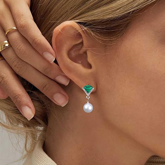 Vintage Cz Emerald Pearl Earrings Gold Pearl Drop Earrings Triangle Emerald Earrings Geometric Emerald Stud Earrings Jewelry for Women and Girls-VivaGrace Women