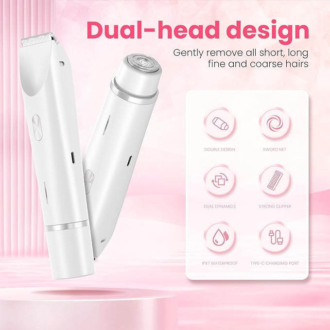 Bikini Trimmer for Women-2 in 1 Electric Razors for Women,USB Rechargeable Bikini Electric Shaver,IPX7 Waterproof Dry & Wet Use Body Hair Trimmer and Facial Hair Remover for Underarm Leg Body,White-VivaGrace Women