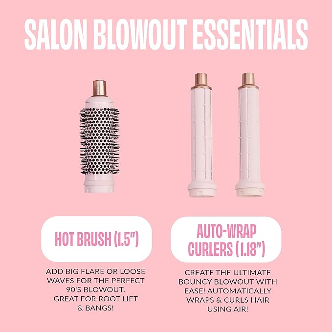 FoxyBae Super Styler Pro Interchangeable 5 in 1 Hair Styler Wand Curling Iron Set - w/Drying Cylinder, Ceramic Blowout & Round Brushes, 2 Auto-Wrap Curlers - Frizz-Free, Smooth Hair [Blush]-VivaGrace Women