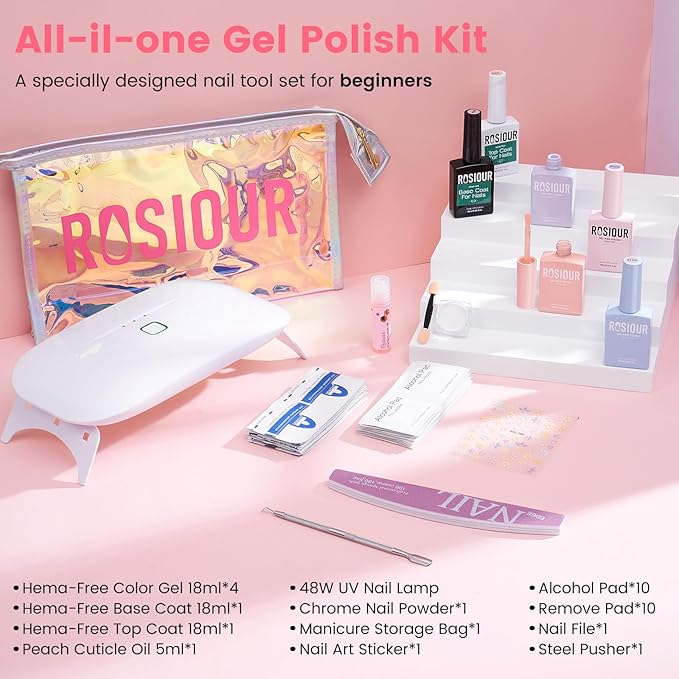 Gel Nail Polish Kit with U V Light, Hema-Free White Light Nude Pink Summer Gel Polish Set with Base & Top Coat Chrome Nail Powder, 4 Colors Mini Salon Nail Art Starter Gift for Women Girl-VivaGrace Women