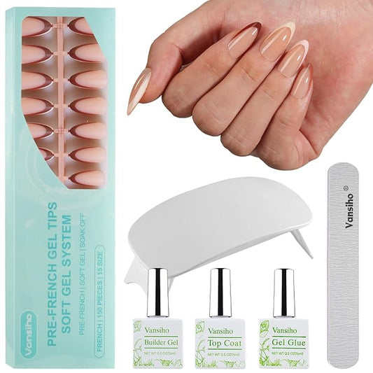 Vansiho French Gel Nails Kit - Medium Almond French Tip Press on Nails Kit, Nail Gel and Nail Lamp for Gift and Nail Art DIY