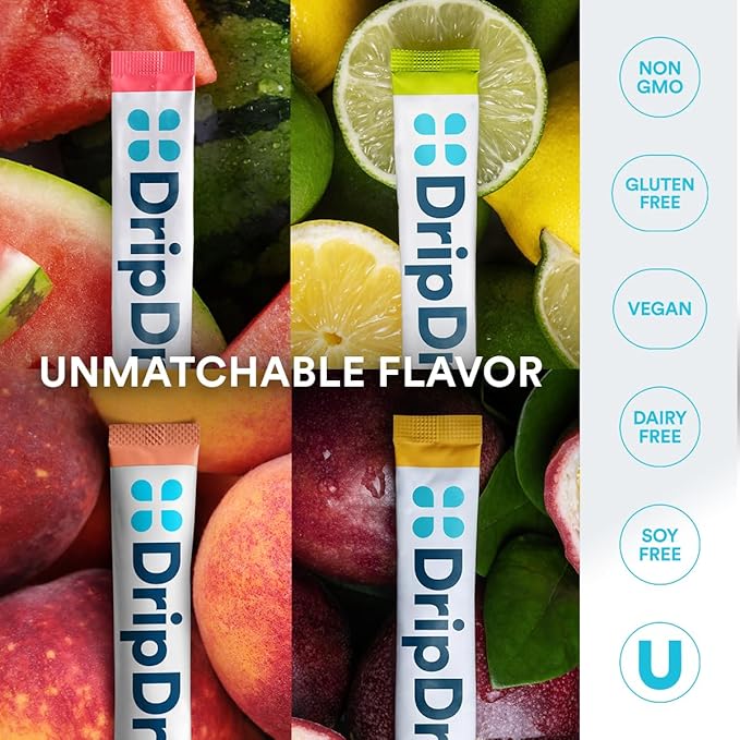 DripDrop Sugar Free Hydration Packets - Zero Classic Variety Pack - Single Serve Electrolytes Powder Drink Mix - Lemon Lime, Watermelon, Peach, Passion Fruit - Non-GMO, Gluten Free, Vegan - 16 Sticks-VivaGrace Women