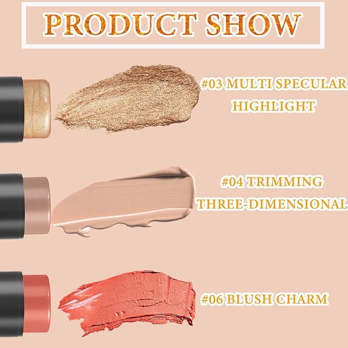 3 PCS Cream Contour Blush Stick,Long Lasting Waterproof Blush Stick for Cheeks&Lips Multipurpose Face Highlighting Concealing Cream,Shimmer Contour Stick Makeup for Women-VivaGrace Women