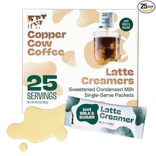 Copper Cow Coffee Sweetened Condensed Milk Coffee Creamer Singles (25 pack) | Vietnamese Inspired Coffee Creamer, All Natural Creamer Packets for Pour Overs & Lattes | No Refrigeration Needed