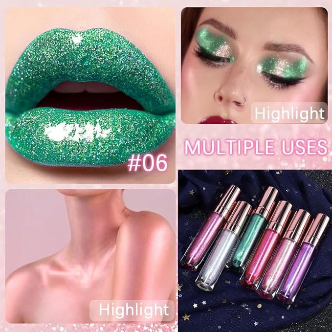 GECOMO Colorful Explosive Pearlescent Lip Gloss 3D Multifunctional Fine Glitter Chameleon Lip Gloss Polarized Diamond Makeup,Magic Big Brush Color Changing Lip Oil(106# COLORFUL GREEN FLASH)-VivaGrace Women