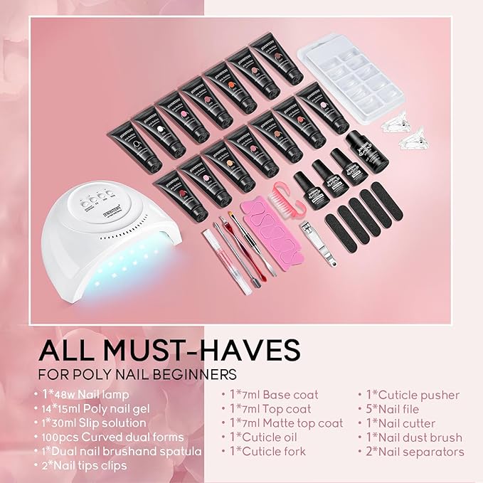 JEWHITENY 14 Colors Poly Extension Gel Nail Kit With U V Lamp Nude Pink White Brown All In One Poly Gel Starter Kit With Base Top Coat Manicure Salon Frence Nail Art DIY-VivaGrace Women