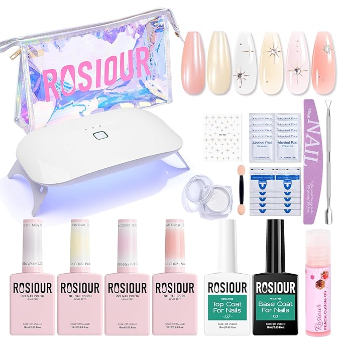 Jelly Gel Nail Polish Kit with U V Light, Hema-Free Milky Jelly White Pink Nude Orange Gel Polish Set with Base & Top Coat Chrome Nail Powder, 4 Colors Mini Salon Nail Art Starter Gift for Women Girl-VivaGrace Women