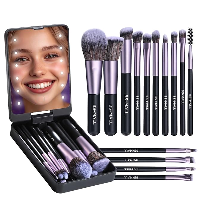 BS-MALL Travel Makeup Brush Set Foundation Powder Concealers Eye Shadows Makeup Set with LED light Mirror 14 Pcs (Purple)-VivaGrace Women