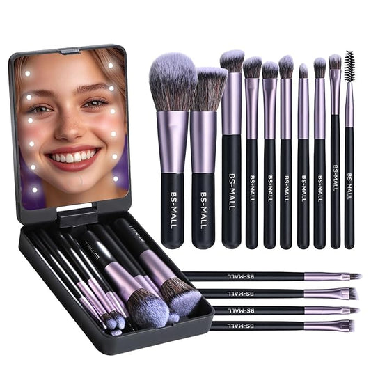 BS-MALL Travel Makeup Brush Set Foundation Powder Concealers Eye Shadows Makeup Set with LED light Mirror 14 Pcs (Purple)-VivaGrace Women
