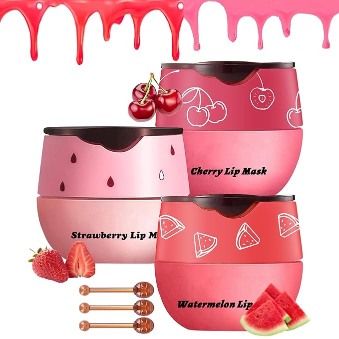 3PCS Bee Lip Balm Honey Pot, Exfoliating Strawberry Cherry Watermelon Bee Lip Balm Sleeping Lip Mask Overnight with Sticks, Honey Pot Lip Balm Prevention Dry Hydrating and Crack Lip Scrubs-VivaGrace Women