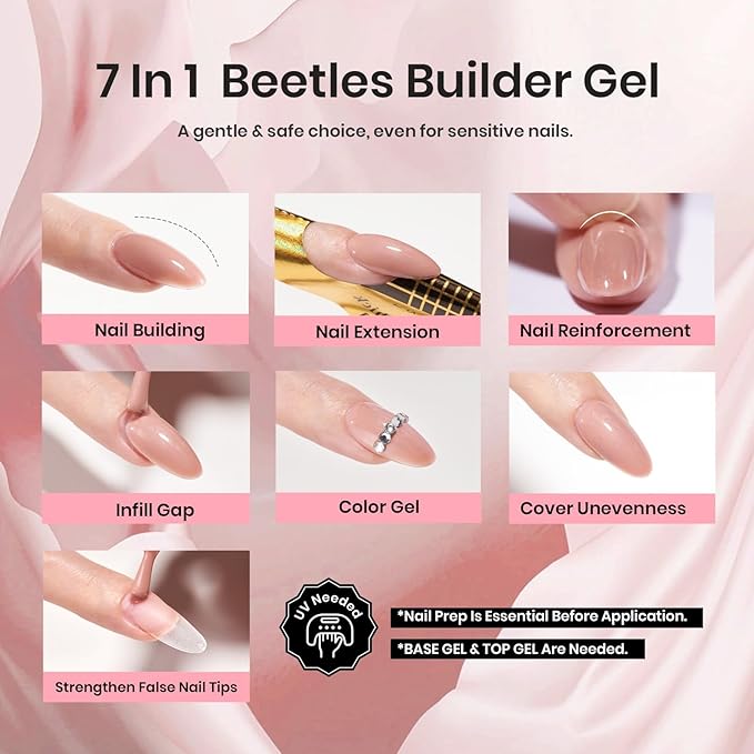 Beetles Builder Gel for Nails, 7 in 1 Nude Brown Colored Strengthener Gel in a Bottle for Nail Extension Nail Apex Building UV LED Lamp Cured DIY at Home Beauty Gift Sets for Women,Base Coat Need-VivaGrace Women