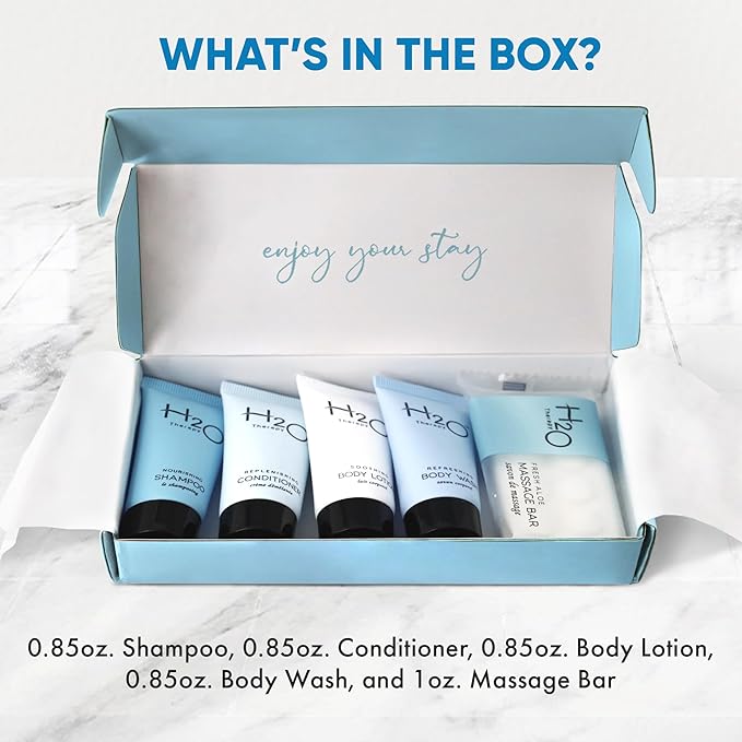 H2O Therapy Amenity Kit | Boxed Hotel Toiletries | Bulk Set 0.85 oz Travel Size Shampoo, Conditioner, Lotion, Body Wash & Body Bar Soap for Guest Hospitality AirBnB/Vacation Rentals | 1 set per case-VivaGrace Women