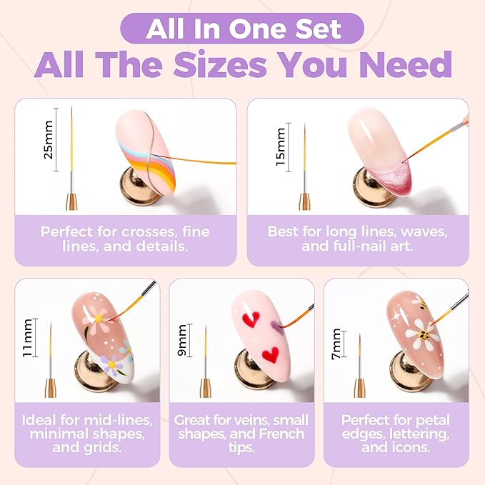 UNA GELLA Nail Art Pens Metallic, Liner Brushes Set For Nail Art Gel Polish, 5Pcs Purple Color, Detail Nail Art Design Painting Brush Set For Nails Gel Fine Drawing Nail Tools, Sizes 7/9/11/15/25mm-VivaGrace Women