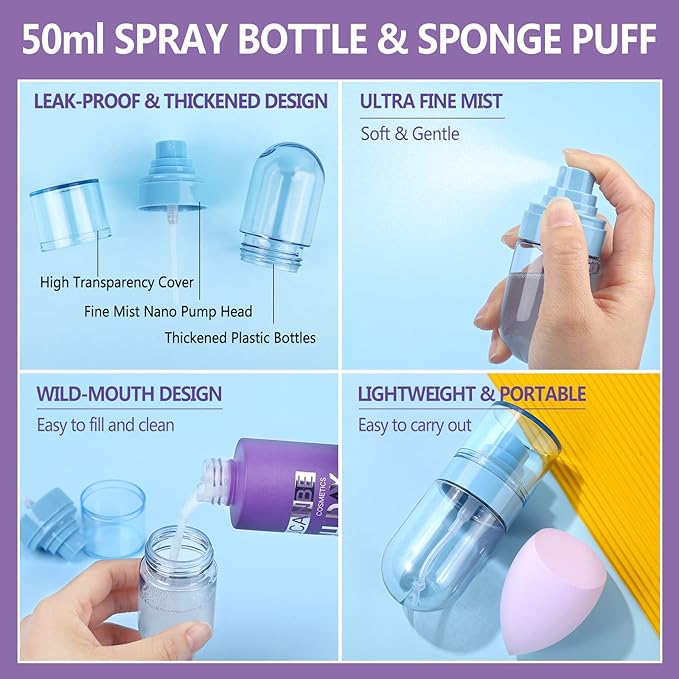 Long Lasting Makeup Setting Spray Kit- 6.76 Fl oz Hydrating Matte Finish Mist Lightweight Face Make up Fixer +Travel Size Spray Bottle+Sponge Puff Makeup Set-VivaGrace Women