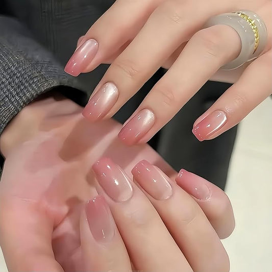 KQueenest Cat Eye Ombre Pink Press on Nails Short Coffin, 30 Pcs Glitter French Fake Nails Press ons, Acrylic Glue on Nails Shiny Sparkle False Nails Reusable Stick on Nails for Women Daily Wear