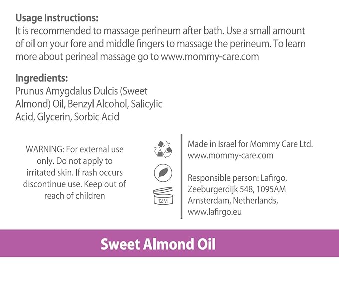 Mommy Care Perineal Massage Oil Labor Preparation, Flexible Perineal Massage Oil, Sweet Almond Oil For Pregnancy and Postpartum Recovery 100ml/3.38 fl.oz Certified Organic All Natural-VivaGrace Women