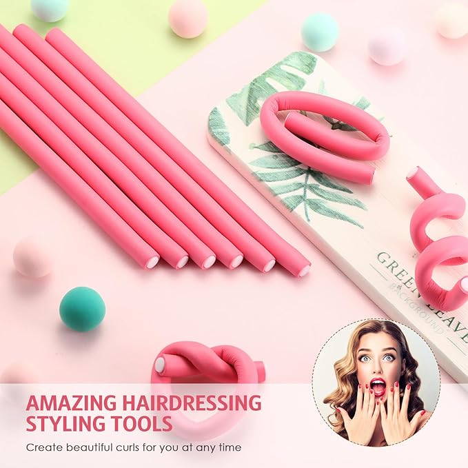 Syhood 30 Pieces Flexible Curling Rods Twist Hair Rollers Soft Foam Rods No Heat and 1 Pcs Steel Rat Tail Comb for Women Long and Short Hair(7 x 0.3 Inch,Pink)