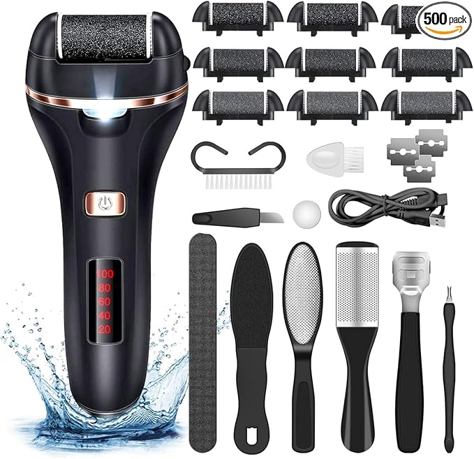 Electric Callus Remover for Feet,Rechargeable Foot File Hard Skin Remover,Waterproof 14 in1 Professional Pedicure Kit for Cracked Heels &Dead Skin,with 9 Roller Heads 2 Speed-VivaGrace Women