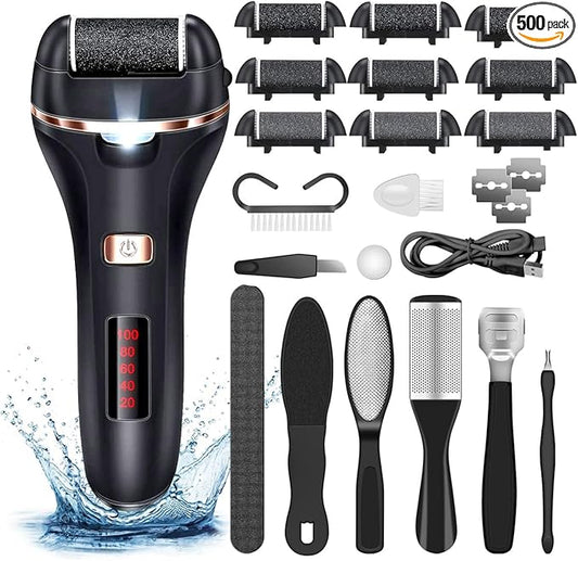 Electric Callus Remover for Feet,Rechargeable Foot File Hard Skin Remover,Waterproof 14 in1 Professional Pedicure Kit for Cracked Heels &Dead Skin,with 9 Roller Heads 2 Speed-VivaGrace Women
