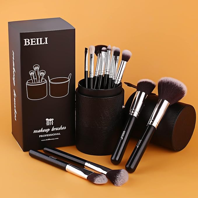 BEILI Makeup Brushes 12pcs Makeup Brushes Set with Holder Premium Synthetic Kabuki Foundation Brush Blending Blush Concealer Full Face Makeup Brushes Kit With Gift Box(Black)-VivaGrace Women