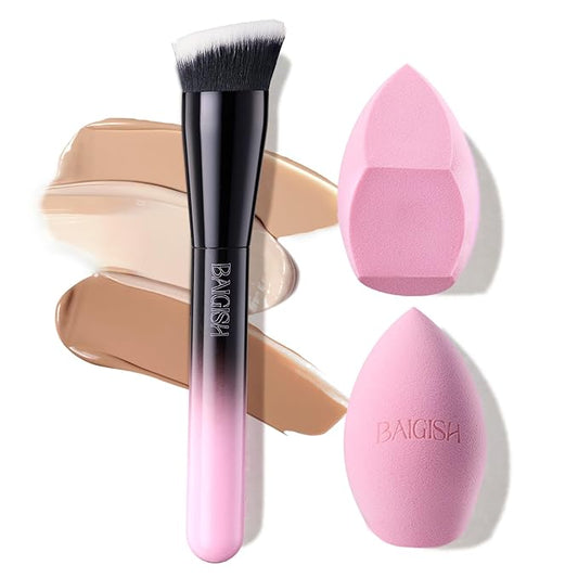 Makeup Brush Set, Flat Top Kabuki Brush Premium Foundation Brush for Liquid, Cream, and Powder with 2 Makeup Sponge for Foundation, Powder, Blush, and Concealer-VivaGrace Women