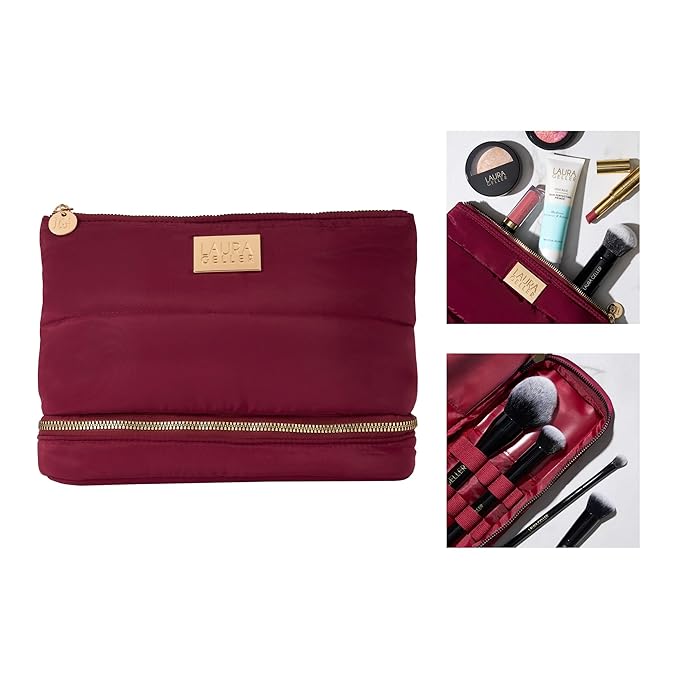 LAURA GELLER NEW YORK Quilted Makeup Bag with Brush Case, Burgundy - Toiletry Bag Organizer for Travel - Large Capacity Full Size Makeup Bag - Easy to Clean-VivaGrace Women