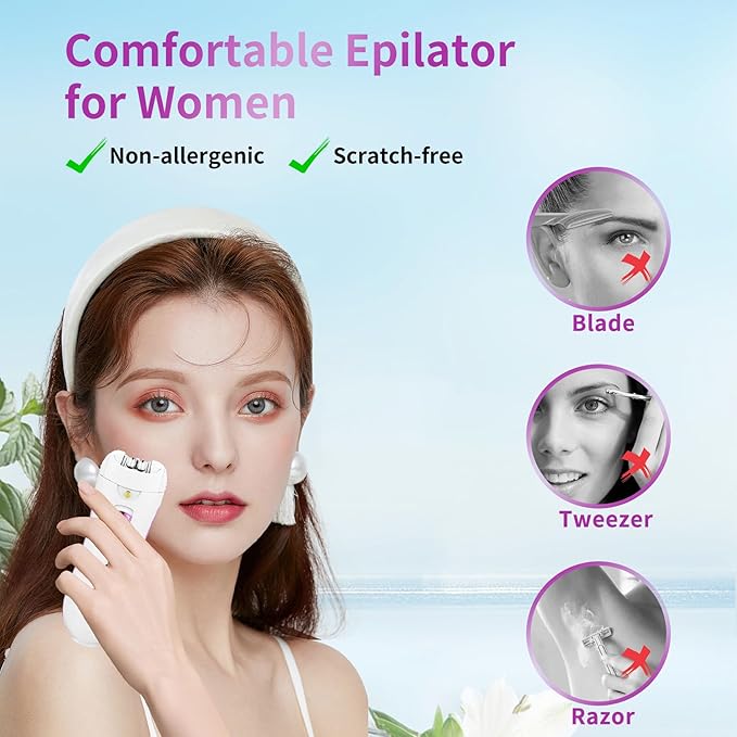 Smooth Glide Epilators Hair Removal for Women, Rechargeable Epilator, Portable Glamorous Skin Epilator for Women Face with LED Light, Hair Removal Device for Armpits/Bikini Line/Chin/Arms/Legs-VivaGrace Women