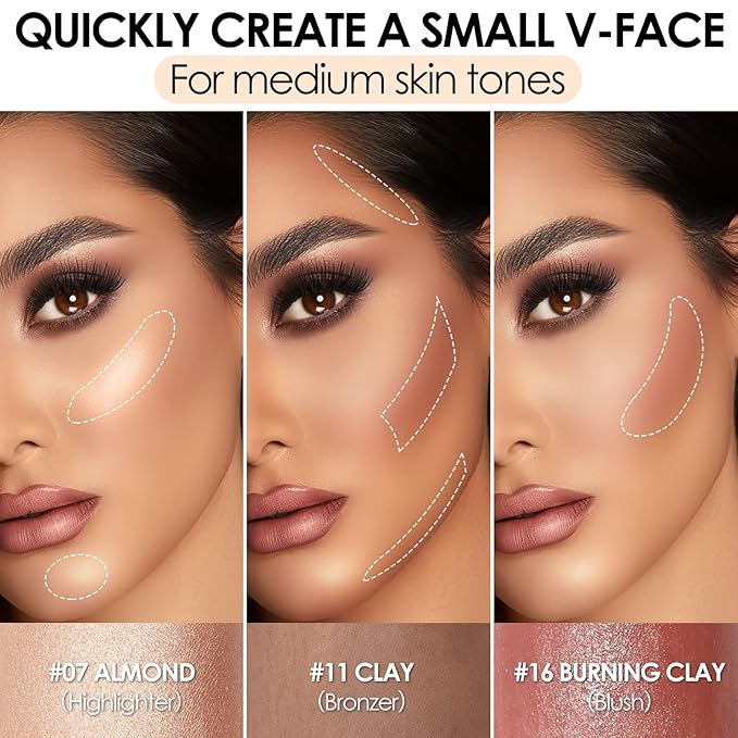FOCALLURE 3 Pcs Cream Contour Sticks,Shades with Highlighter & Bronzer & Blush,Non-greasy Long-wear Face Contouring Pen,Easy to Sculpt the Face and Create a Lightweight Finishing Makeup,MEDIUM-VivaGrace Women