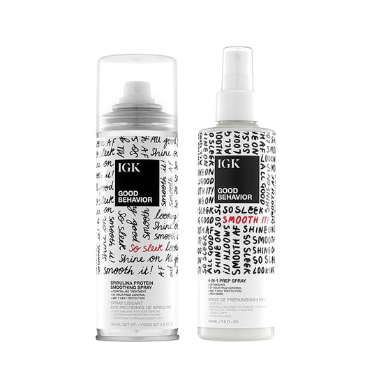 IGK GOOD BEHAVIOR Smoothing Frizz Fighters Set | 4-in-1 Prep Spray + Spirulina Protein Smoothing Spray | Frizz Control + Heat Protectant | Vegan + Cruelty Free-VivaGrace Women