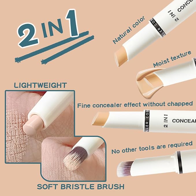 Concealer Stick Full Coverage, Cream Color Corrector Makeup, Dual Ended Conceal Pen with Brush, Waterproof Matte Eraser Dark Circles, Blemish, Pores, Spots Buildable for All Skin Types- Natural-VivaGrace Women