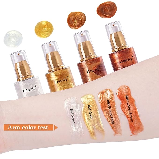 Shimmer Body Oil-Gold Face Brighten Glow Pearl Highlighter Liquid Illuminator Body Glow Oil,4 Color Bronze Makeup Glitter Body Shimmer Oil with Makeup Brush-VivaGrace Women