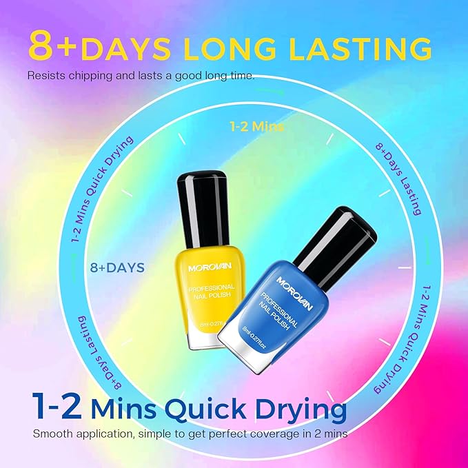 Morovan Bright Nail Polish Set: Neon Rainbow Gloss Active Fingernail Polish Kit Quick Air Dry Regular Mini Toe Bulk DIY Art Salon Summer Gift for Women