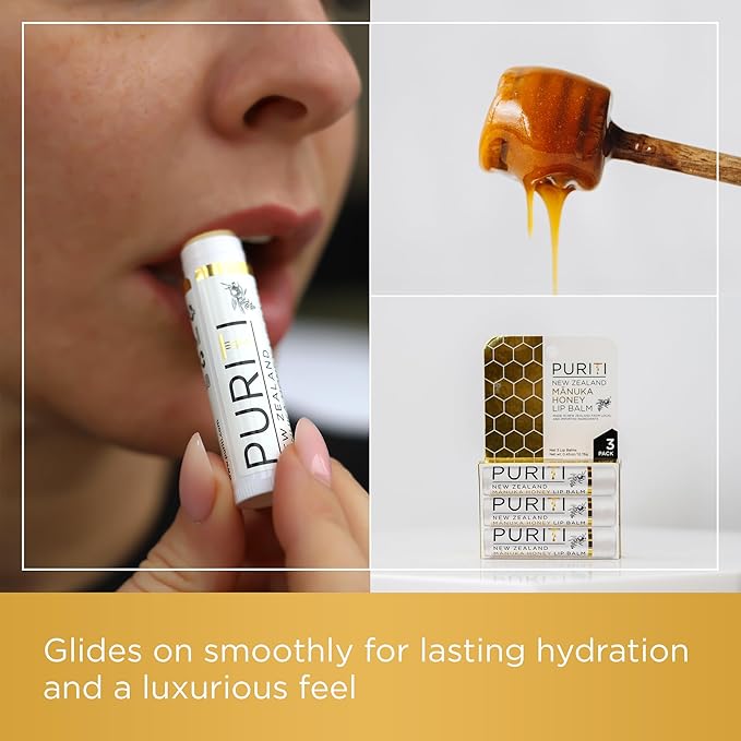 PURITI Manuka Honey Lip Balm – 3pack Soothing & Moisturizing, Enriched with Almond, Jojoba, Macadamia Oils, Cocoa Butter, Hydrating for Dry & Chapped Lips, 100% Genuine New Zealand Manuka Honey-VivaGrace Women