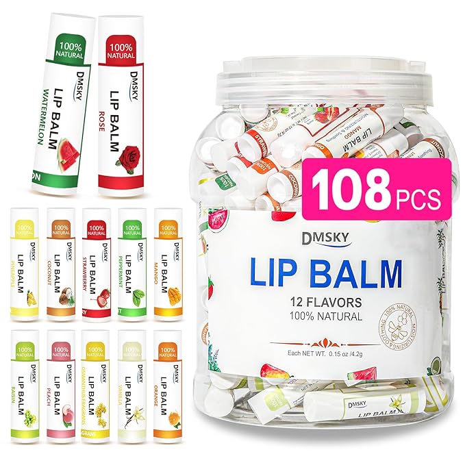 DMSKY Lip Balm Bulk 108 Pack, Lip Balm Hydrating with Vitamin E and Coconut Oil 12 Flavors, Lip Moisturizer Treatment - Party Favors Bulk Gift-VivaGrace Women