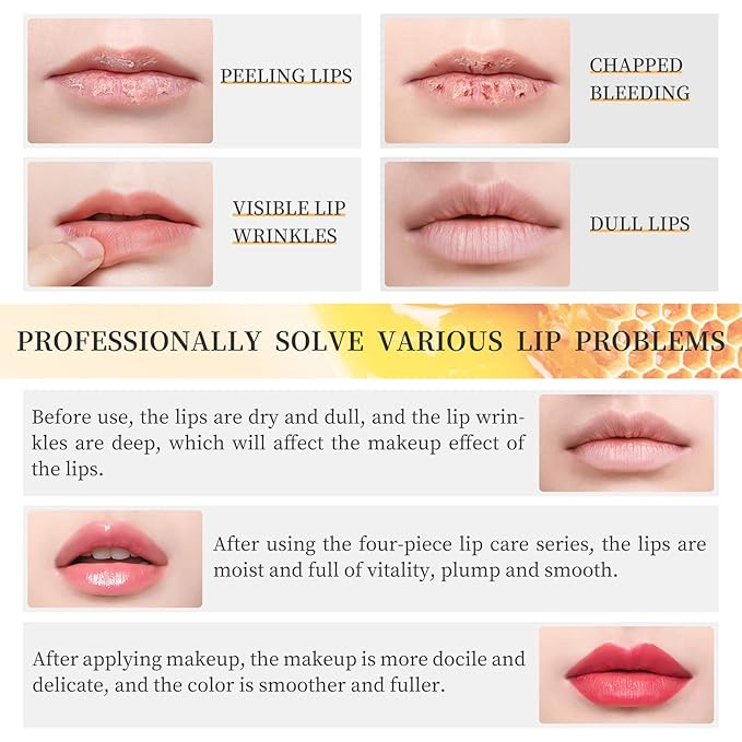 4 Piece Honey Milk Lip Mask Lip Balm Lip Scrub Lip Oil Lip Care Kit, Moisturizing & Nourishing Dry and Cracked Lips, Overnight Sleeping Lip Exfoliator Lip Moisturizer Lip Repair-VivaGrace Women