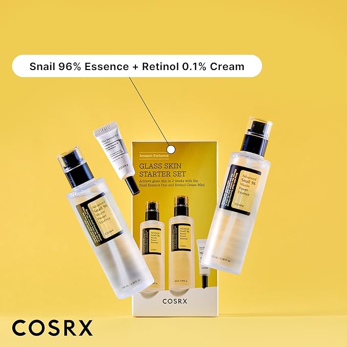 COSRX Glass Skin Korean Skincare Set- Advanced 96% Snail Mucin Serum (3.38fl oz * 2pcs) & Mini Sized 0.1% Retinol Cream for Face (0.1oz)- Korean Skin Care Gift Set, Anti Aging Set-VivaGrace Women