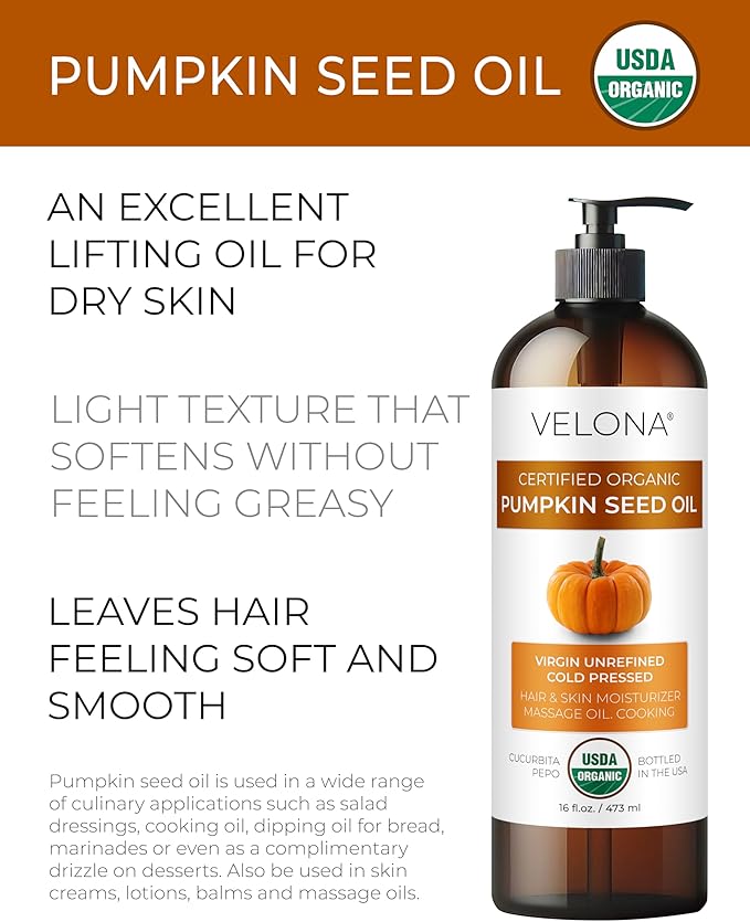 velona Pumpkin Seed Oil USDA Certified Organic - 16 Fl Oz | 100% Pure and Natural Carrier Oil | Unrefined, Cold Pressed | Cooking, Face, Hair, Body & Skin Care | Use Today - Enjoy Result-VivaGrace Women